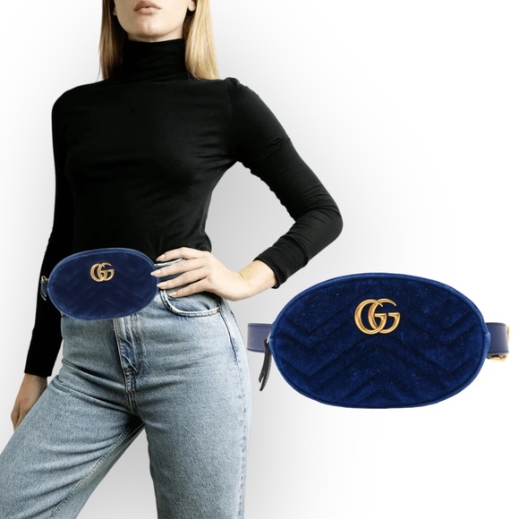 Gucci Handbags - GUCCI Velvet Matelasse GG Marmont Belt Bag 85 34 Cobalt Blue